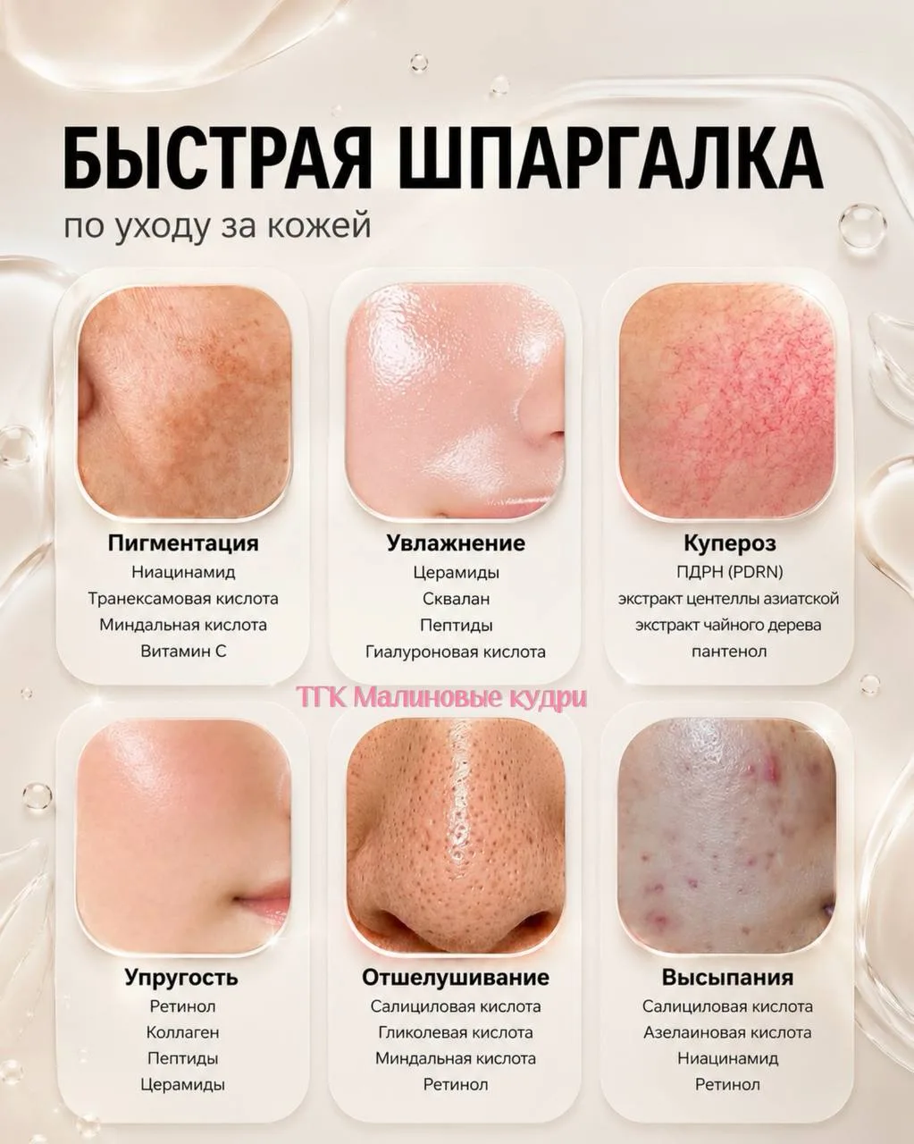 Небольшая шпаргалка по уходу за кожей: какие компоненты добавить в уход при наличии тех или иных про