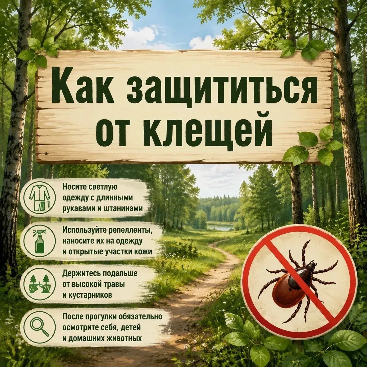 🌿 Профилактика укусов клещей

Отправляясь на прогулку в лес, парк или на дачу, не забывайте о прост