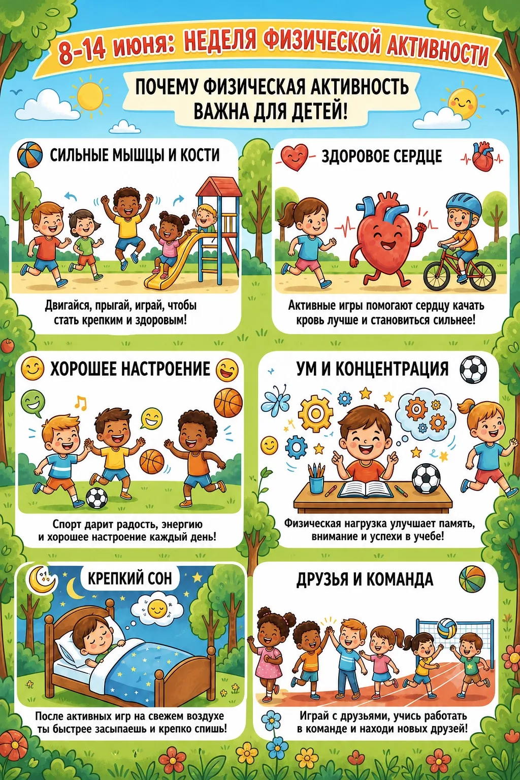 С 8 по 14 июня в нашей школе объявлена Неделя физической активности! ☀️
Лето — идеальное время, чтоб