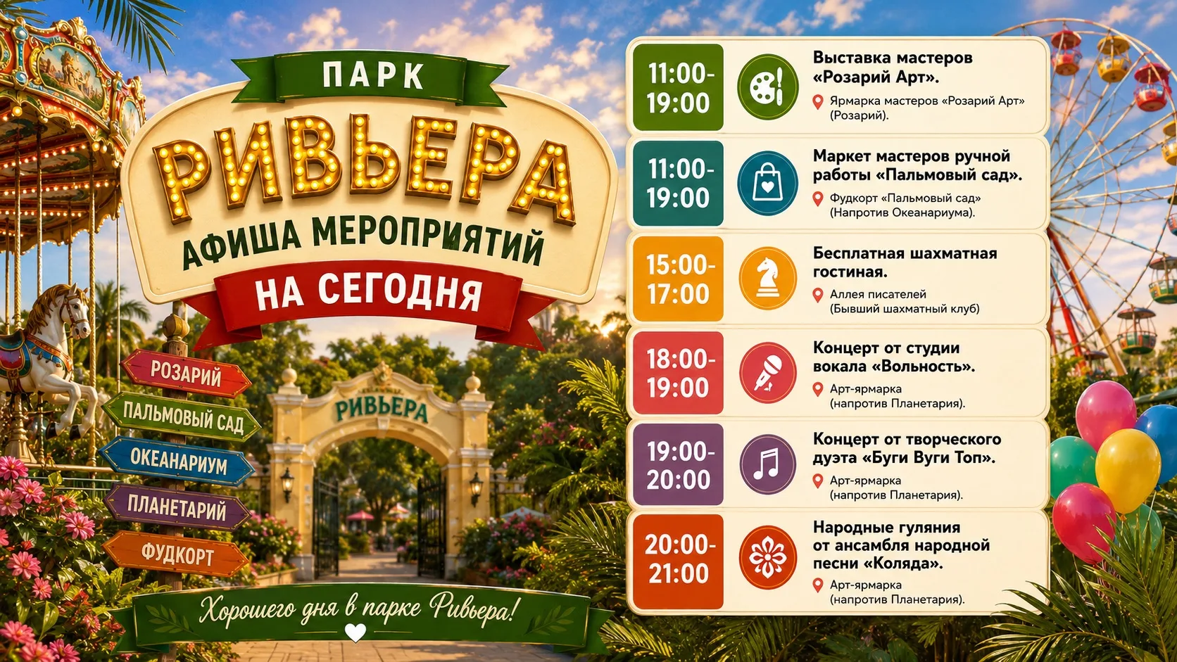 🎉 Афиша мероприятий в парке «Ривьера» на сегодня

🌿 11:00–19:00 — Выставка мастеров «Розарий Арт»
