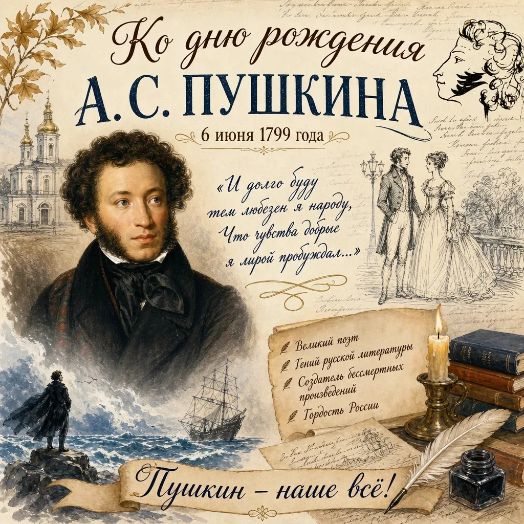С днём рождения, Александр Сергеевич! 🎩✨

Сегодня 6 июня, а значит — весь мир отмечает Пушкинский д