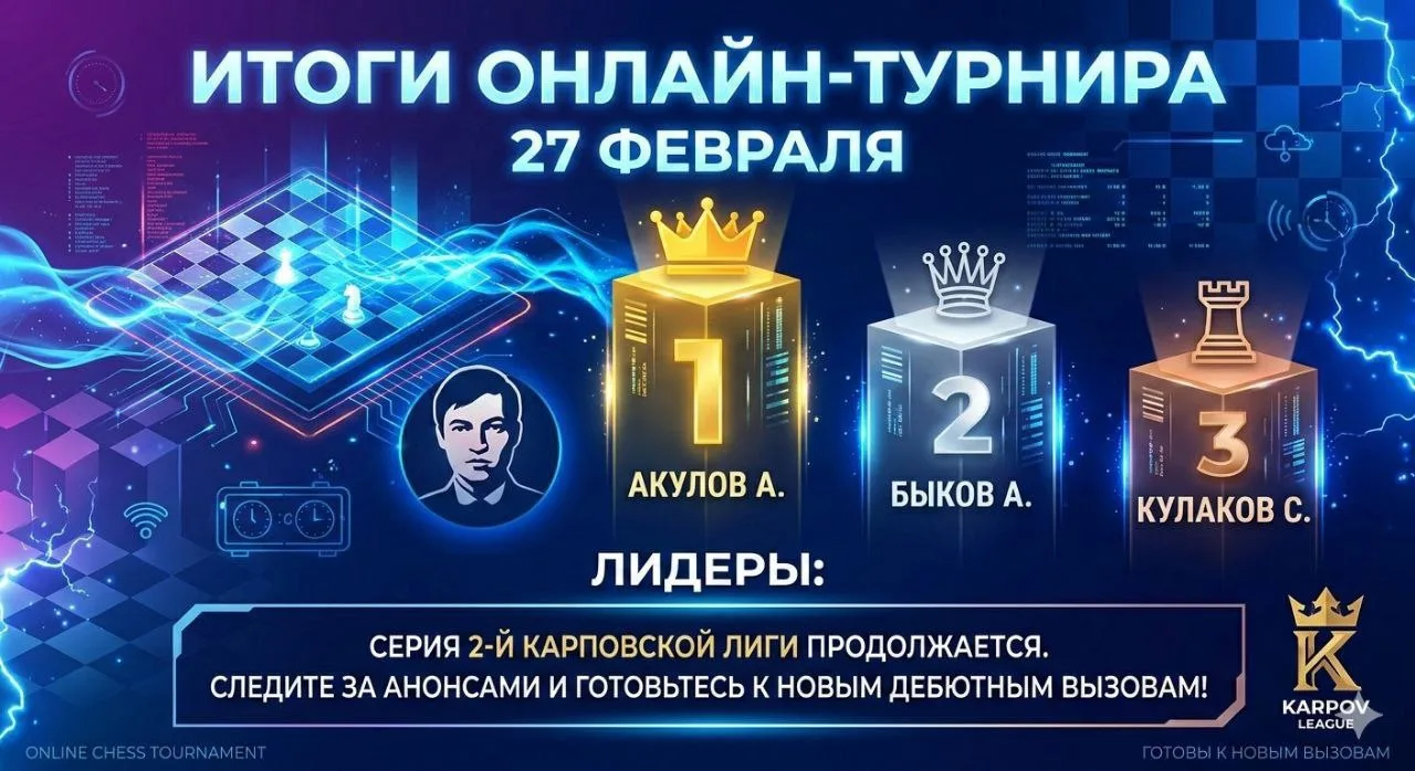 Итоги онлайн-турнира 27 февраля

Друзья, завершился очередной этап нашей серии 2-я Карповская Лига, 