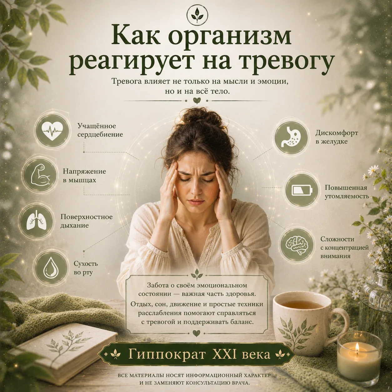 🌿 Как организм реагирует на тревогу

Тревога влияет не только на мысли и эмоции. Она запускает целу