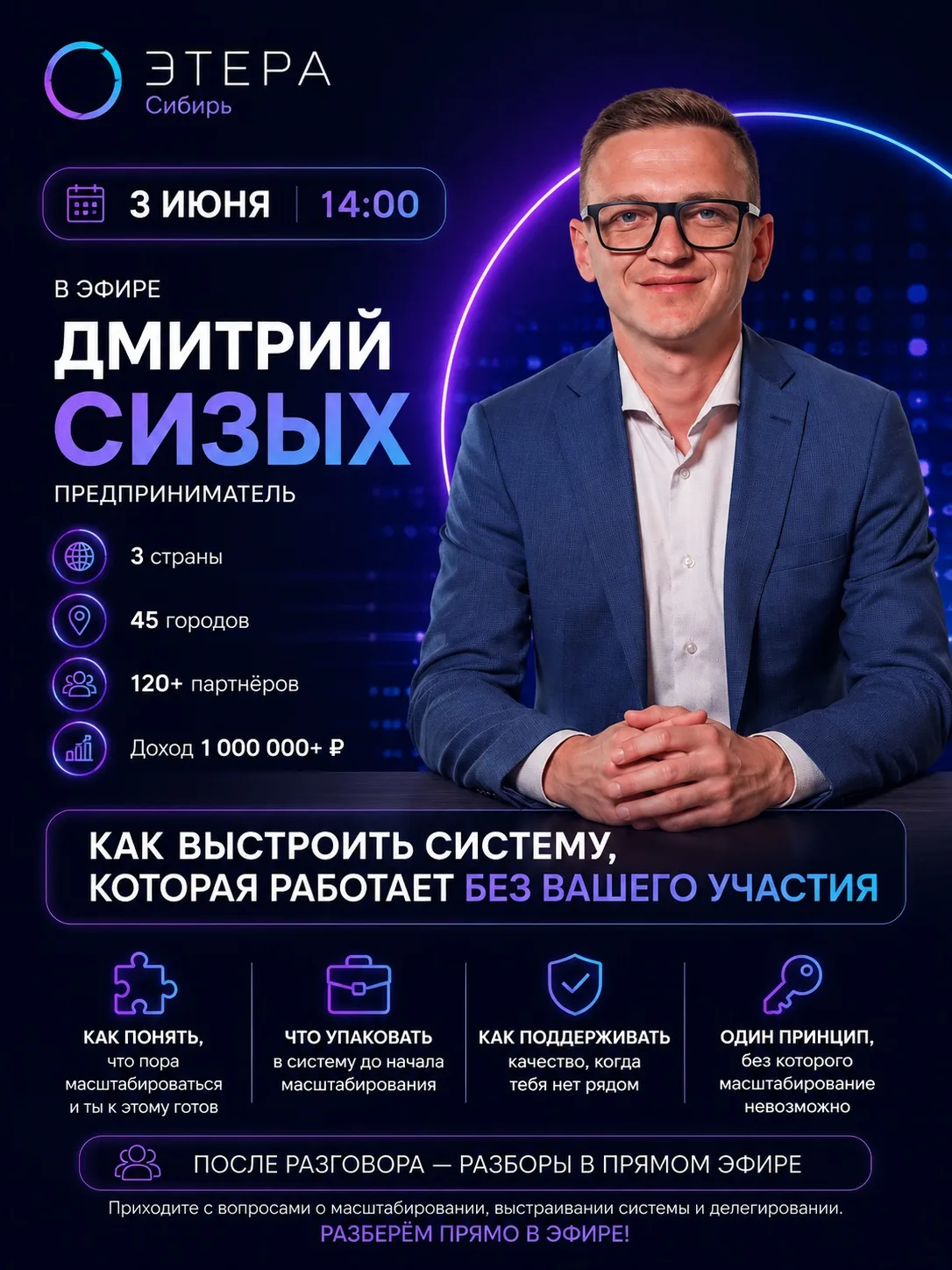 🔥 3 июня в эфире — Дмитрий Сизых

Предприниматель. Основатель международной франчайзинговой сети в 