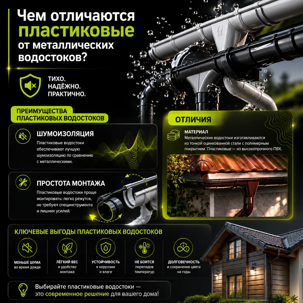 Пластик vs Металл? Выбор очевиден. 🌧️🏡
Тише. Легче. Надёжнее.

Пластиковые водостоки не шумят в до