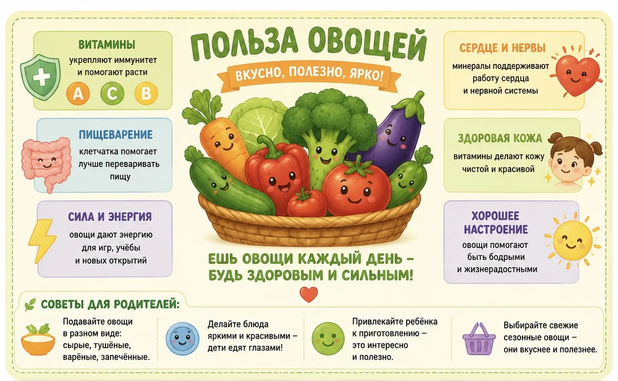 🥕🥦 Польза овощей 🥒🍅🌽

🌟 Овощи — настоящие помощники для здоровья наших детей!
Они вкусные 😋, 