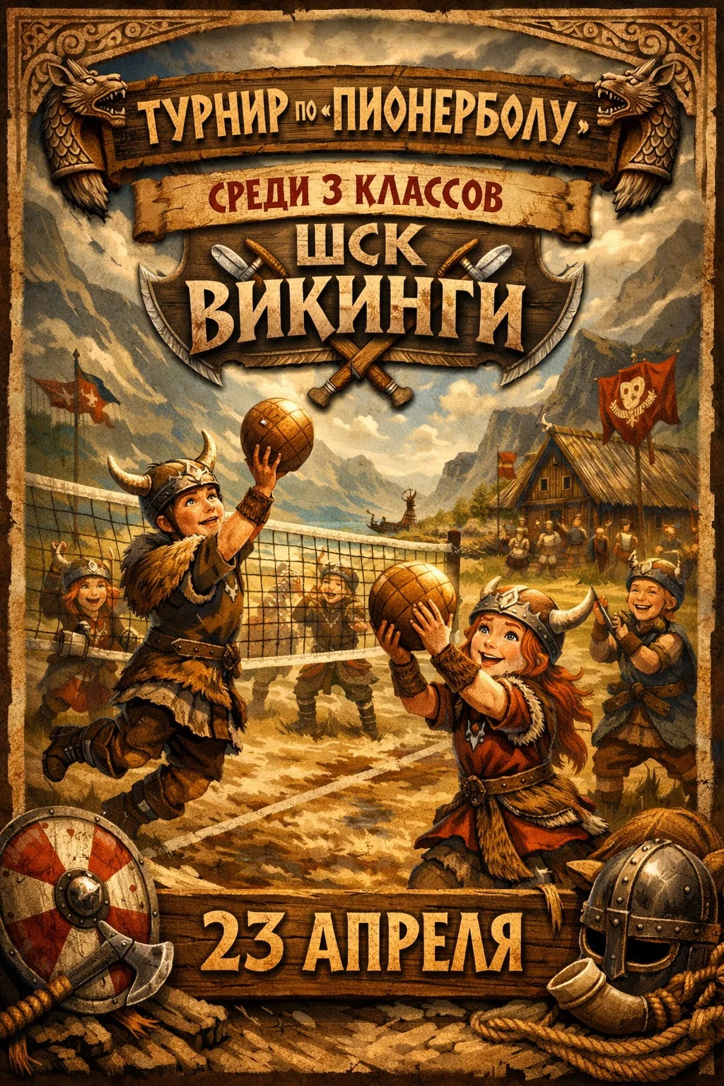 ⚔️ ТУРНИР ПО «ПИОНЕРБОЛУ» ⚔️

Среди 3-х классов
ШСК «Викинги» 🛡️

Юные воины готовы выйти на поле и