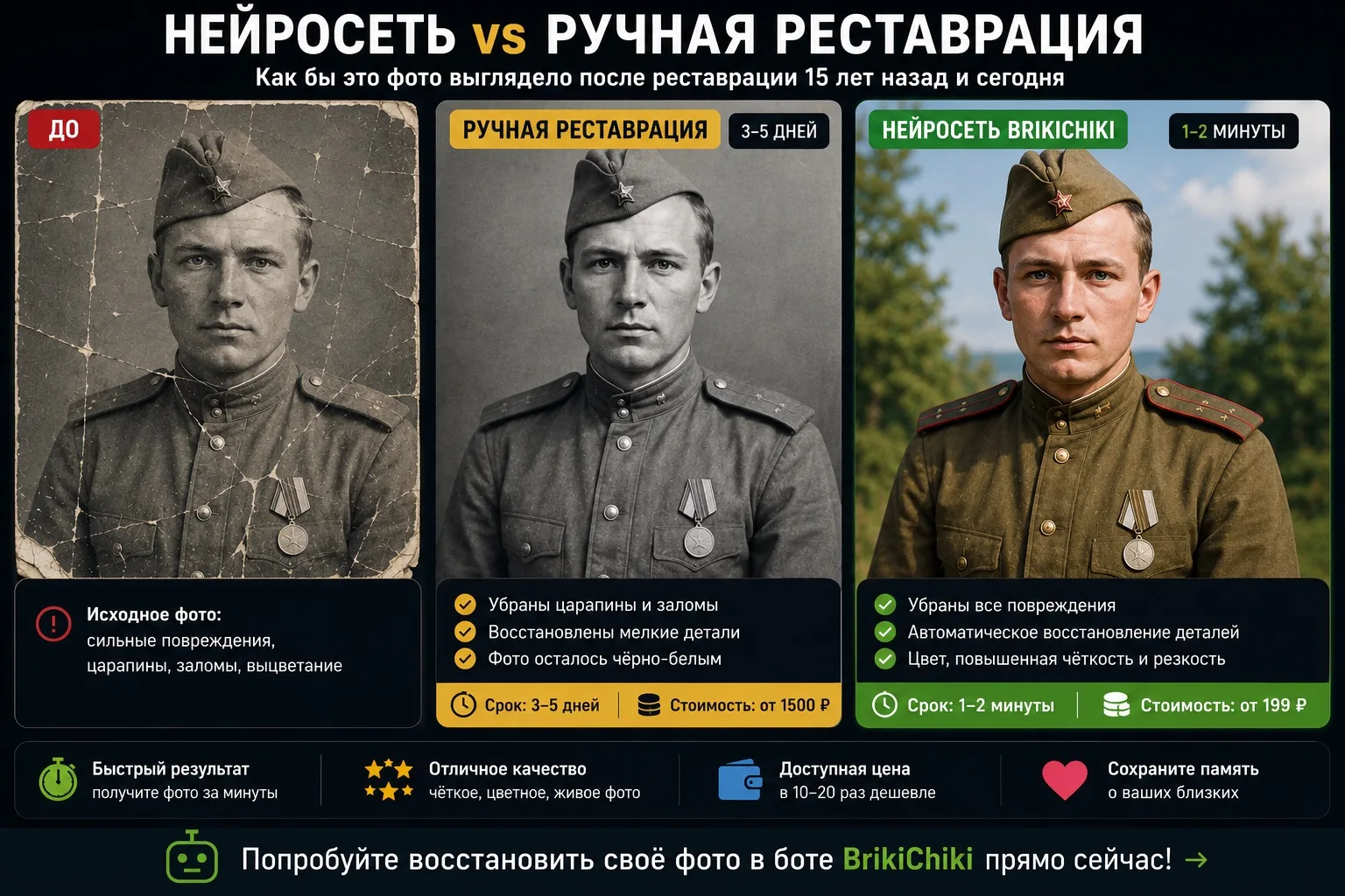 🎨 Нейросеть или ручная реставрация?

Этот вопрос нам задают очень часто

Ручная реставрация — это ч