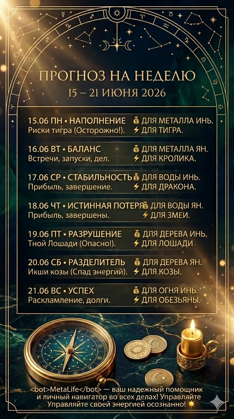 ПРОГНОЗ НА НЕДЕЛЮ С 15 ПО 21 ИЮНЯ
➖➖➖➖➖➖➖➖➖➖➖➖➖➖➖➖➖➖➖➖
15 ИЮНЯ (ПН) — МЕТАЛЛ ЯН НА ОБЕЗЬЯНЕ
Индикато