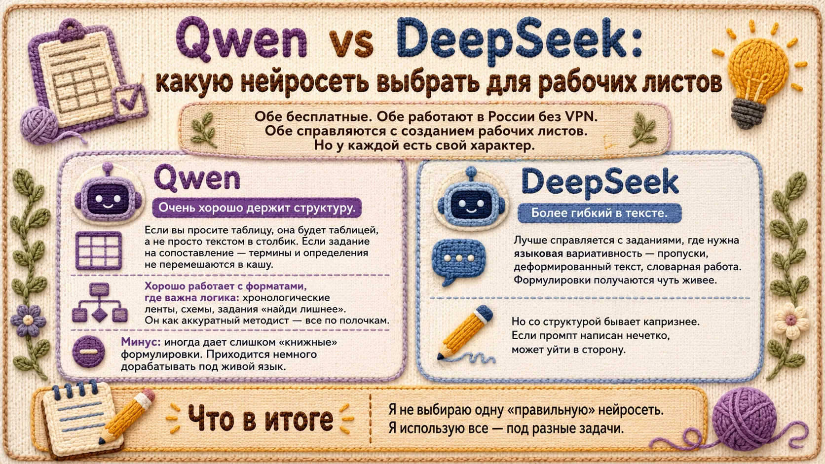 Qwen vs DeepSeek: какую нейросеть выбрать для рабочих листов

Обе бесплатные. Обе работают в России 