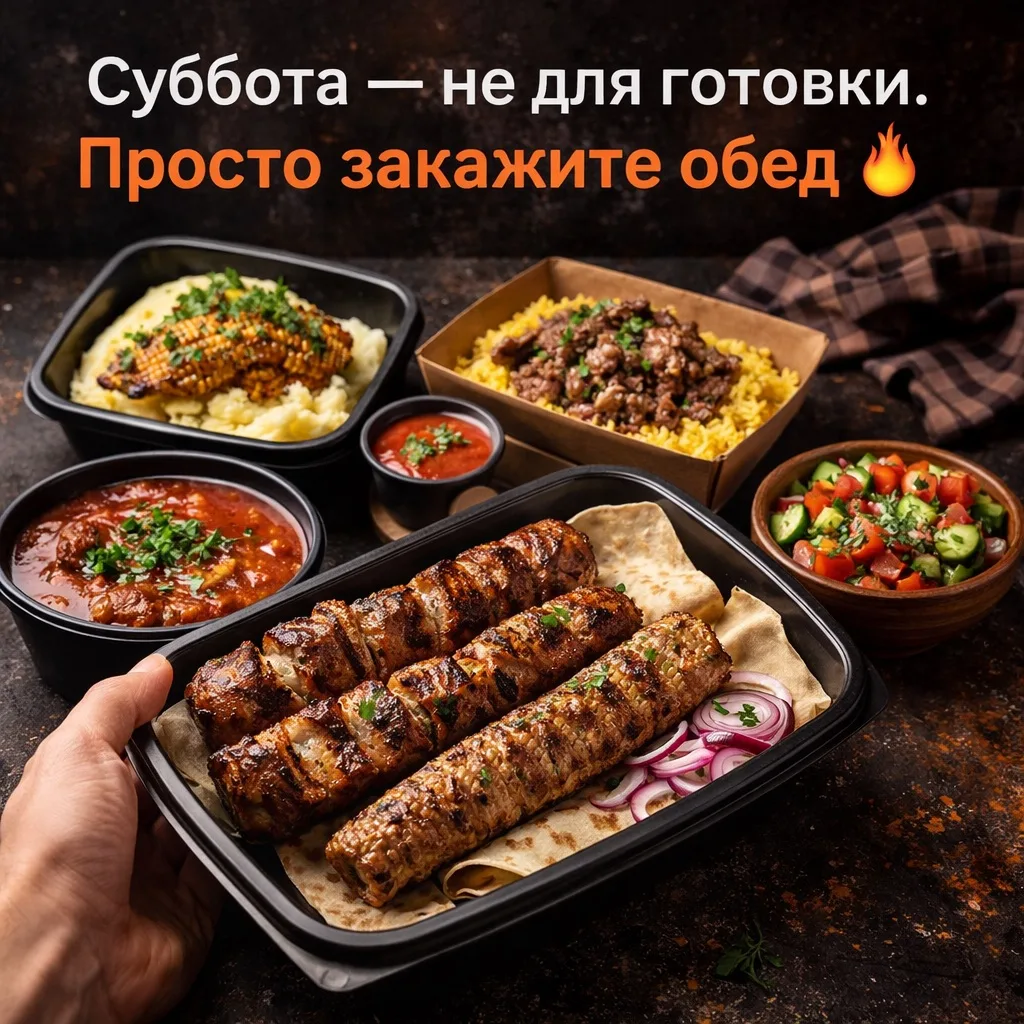Суббота — не для готовки.

Можно выдохнуть, отдохнуть
и просто заказать вкусный обед 🔥

Шашлык, люл