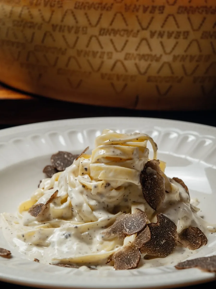 В Grande osteria тальятелле с трюфельным соусом готовится в головке сыра Grano Padano — тёплая паста