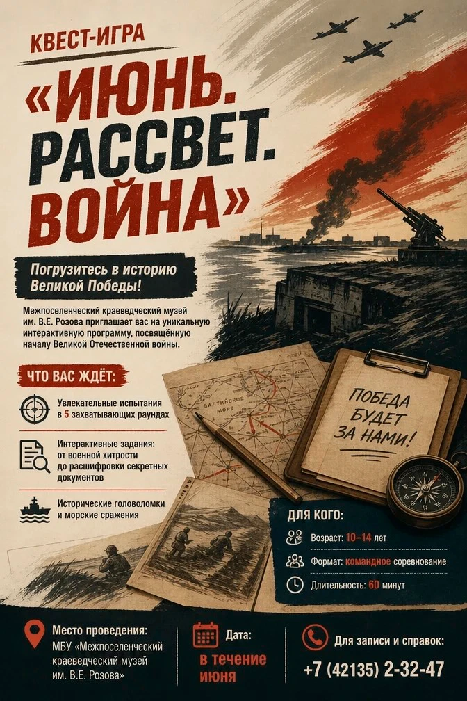 КВЕСТ «ИЮНЬ. РАССВЕТ. ВОЙНА»
5 раундов
🕯️ Посвящён началу Великой Отечественной войны
🎯 10–14 лет,