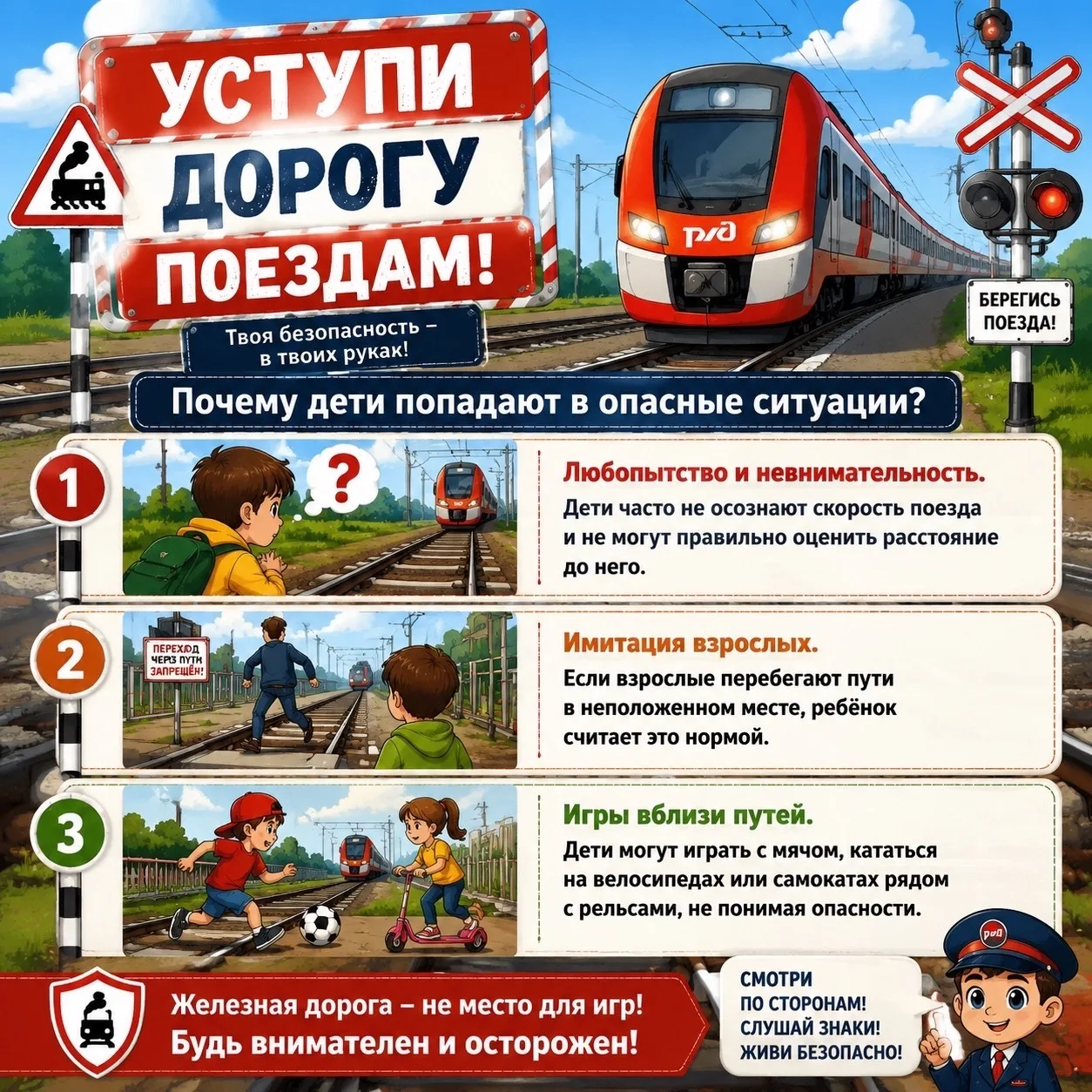 «Уступи дорогу поездам»
Железная дорога — зона повышенной опасности. Очень важно с раннего возраста 