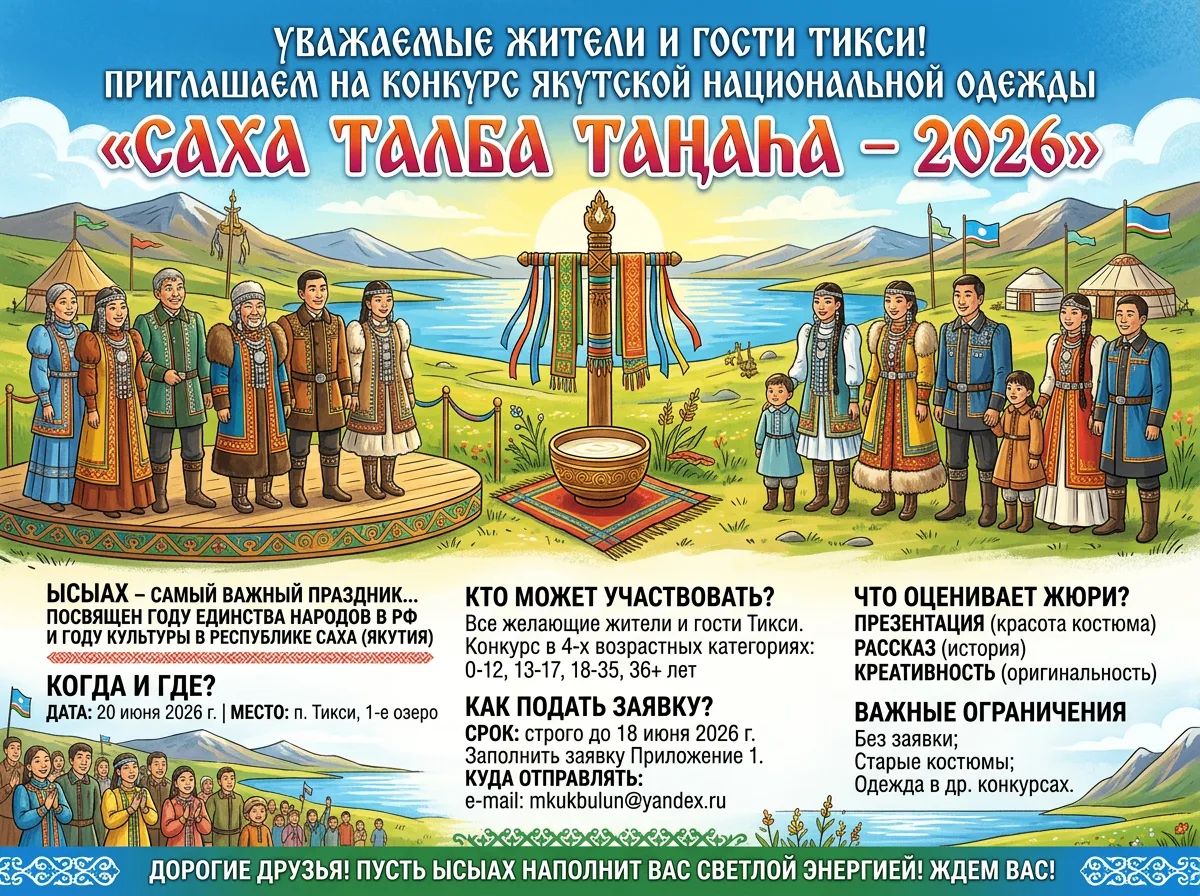 Уважаемые жители и гости Тикси!🤗Приглашаем на конкурс якутской национальной одежды
«Саха талба таңа