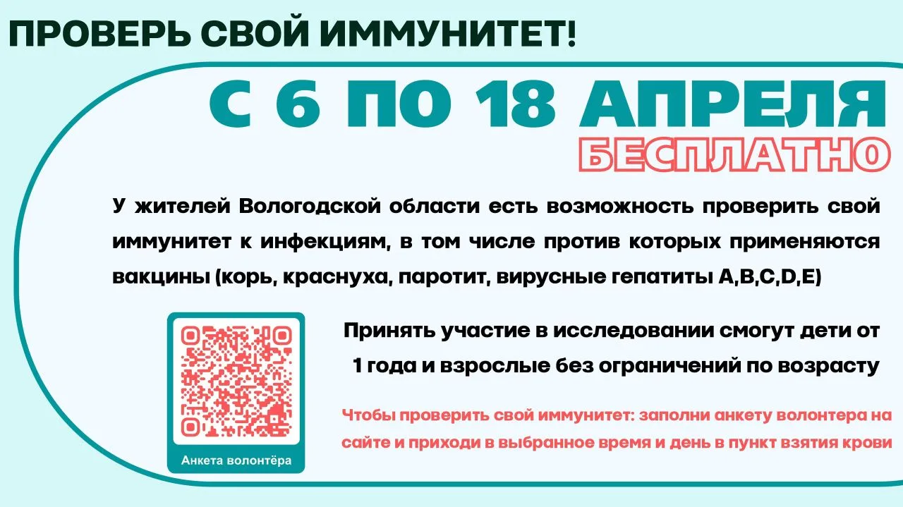 С 6 по 18 апреля жители г. Вологды и г. Череповца могут БЕСПЛАТНО проверить свой иммунитет к кори, к