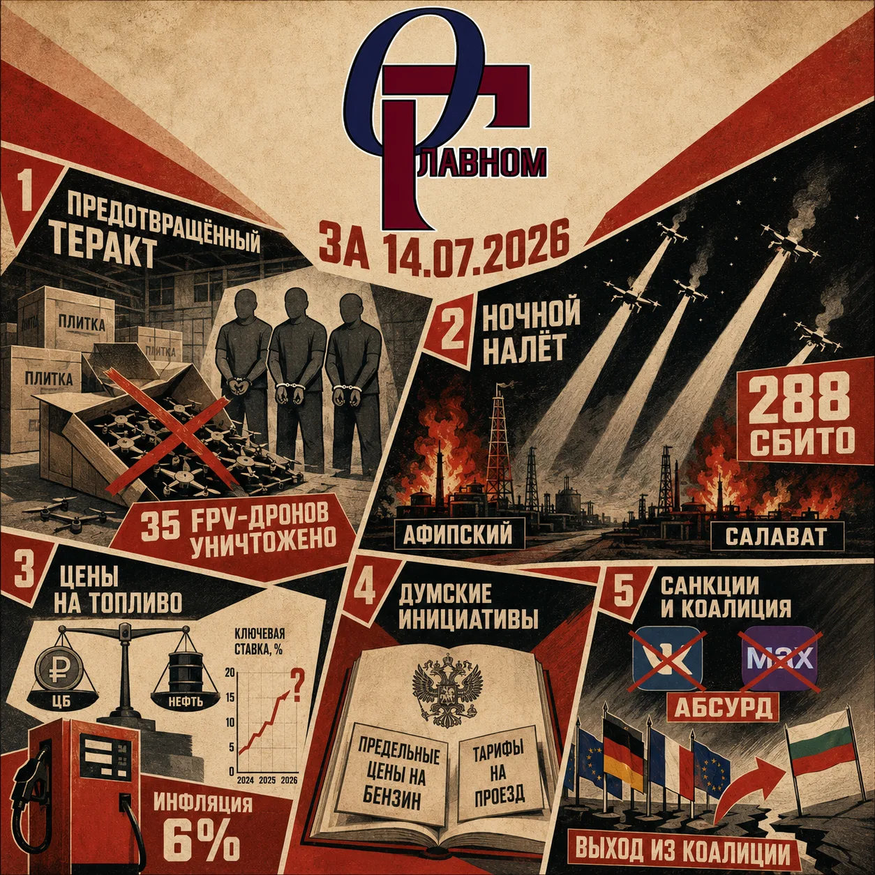 📆 О Главном за 14.07.2026

Вторник начался с предотвращённого теракта и ночных атак, а продолжился 