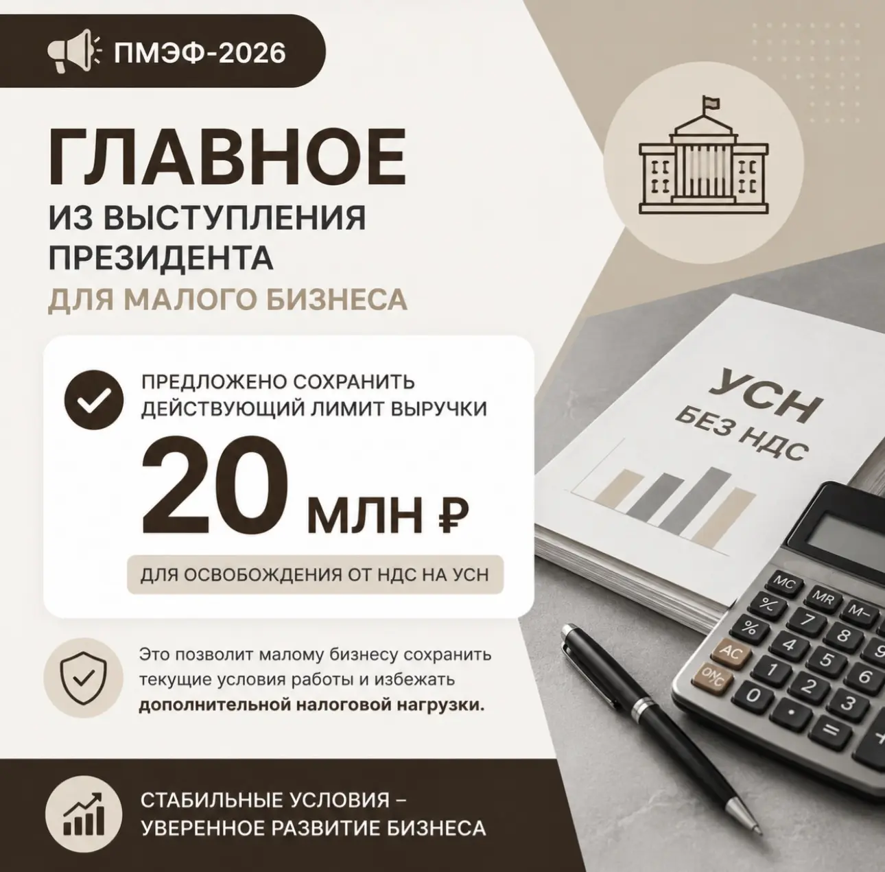 📢 Одно из самых важных заявлений для малого бизнеса на ПМЭФ-2026.

Лимит выручки 20 млн ₽ для работ