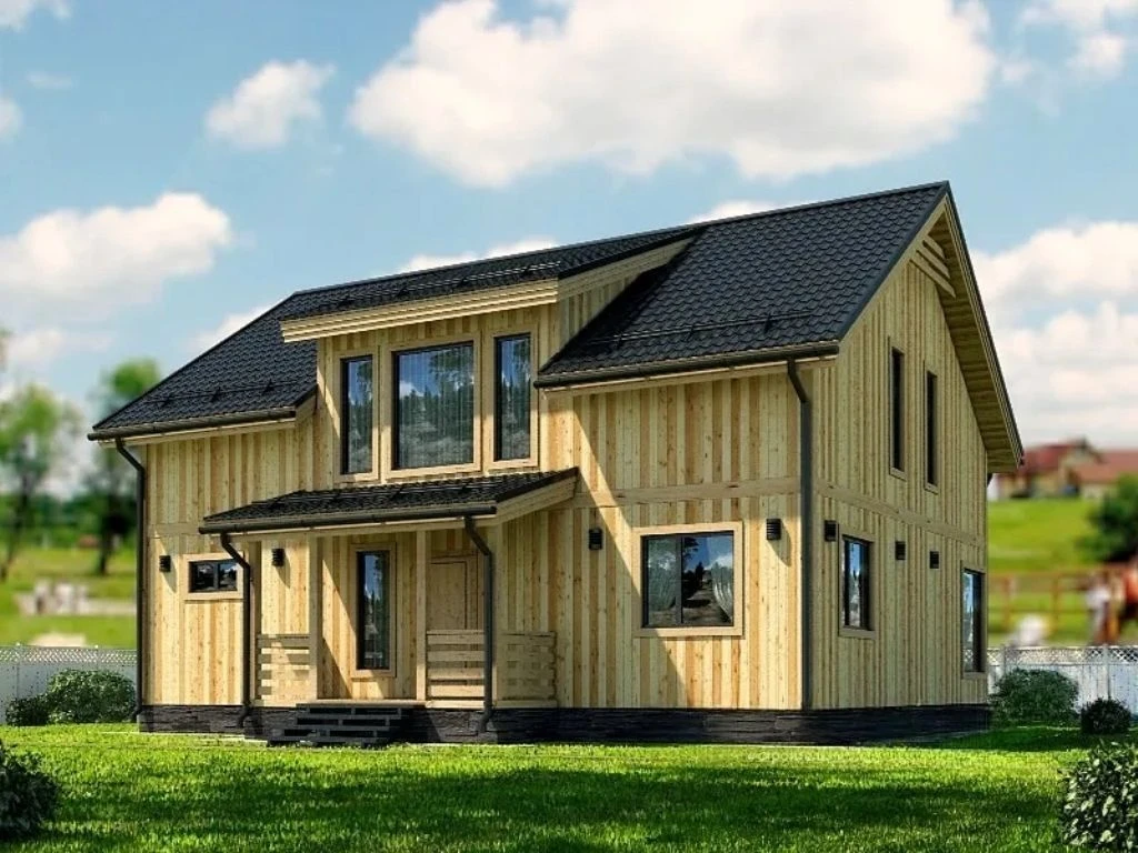 Планировка двухэтажного каркасного дома КД-17 от компании БаниВсем. Это современный и функциональный