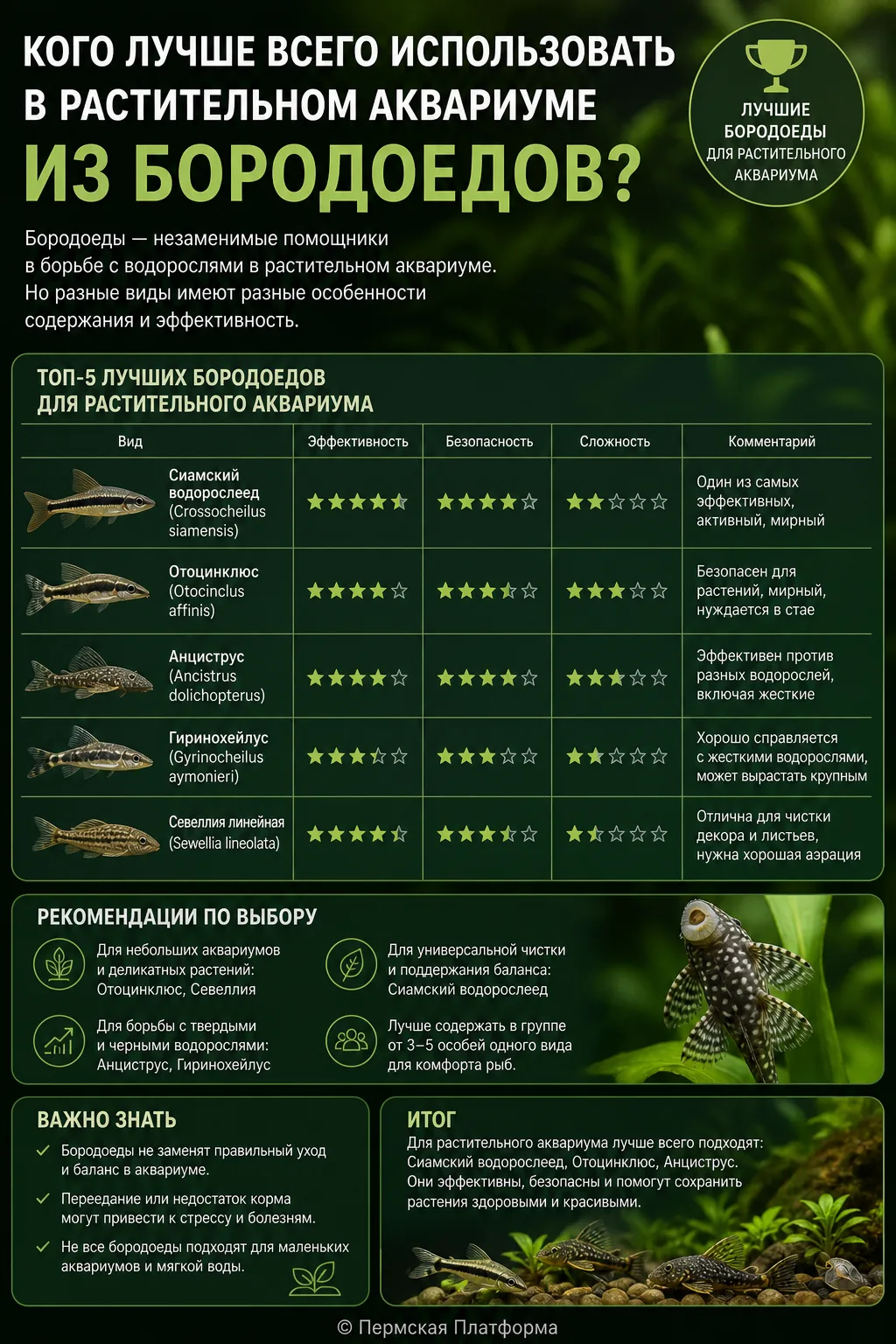 🌿🐟 Кого лучше всего использовать в растительном аквариуме из “бородоедов”?
Вот несколько основных 