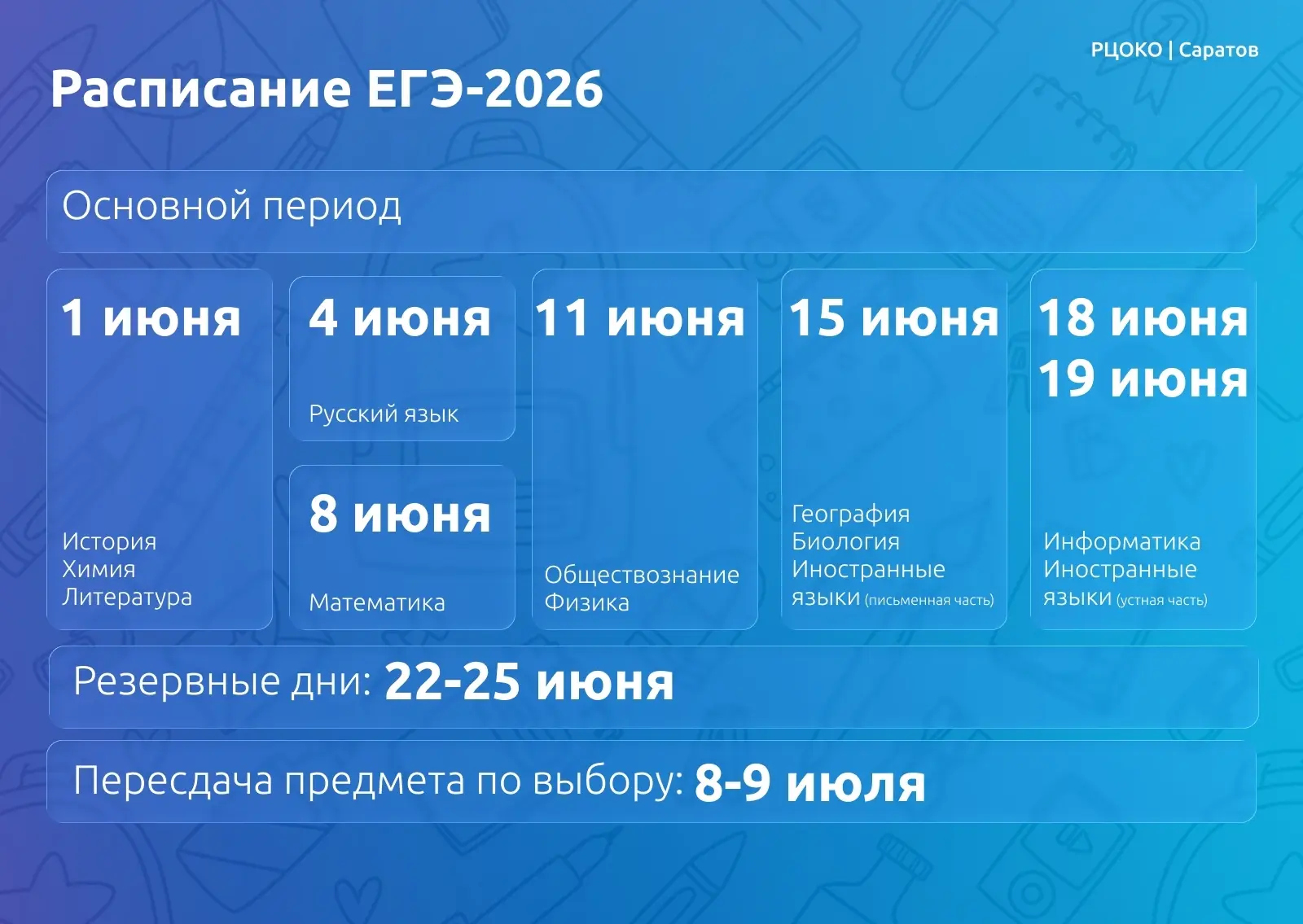 График проведения ЕГЭ в Саратовской области на 2026 год.

🗓 В карточке — даты всех экзаменов по пре