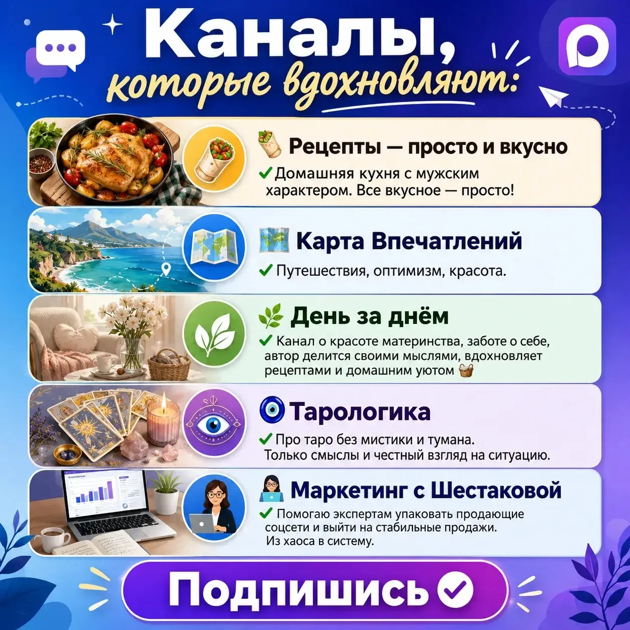 Каналы, которые вдохновляют:

🥙 Рецепты — просто и вкусно

   ✔️Домашняя кухня с мужским характером