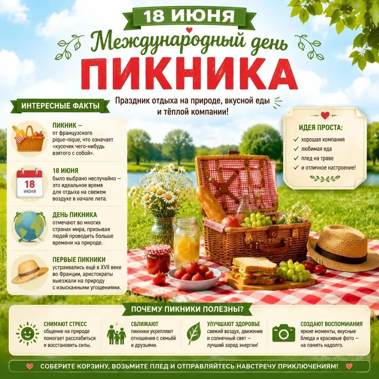 18 июня — Международный день пикника! 🧺🌸

Это отличный повод отложить гаджеты, собрать корзинку и 