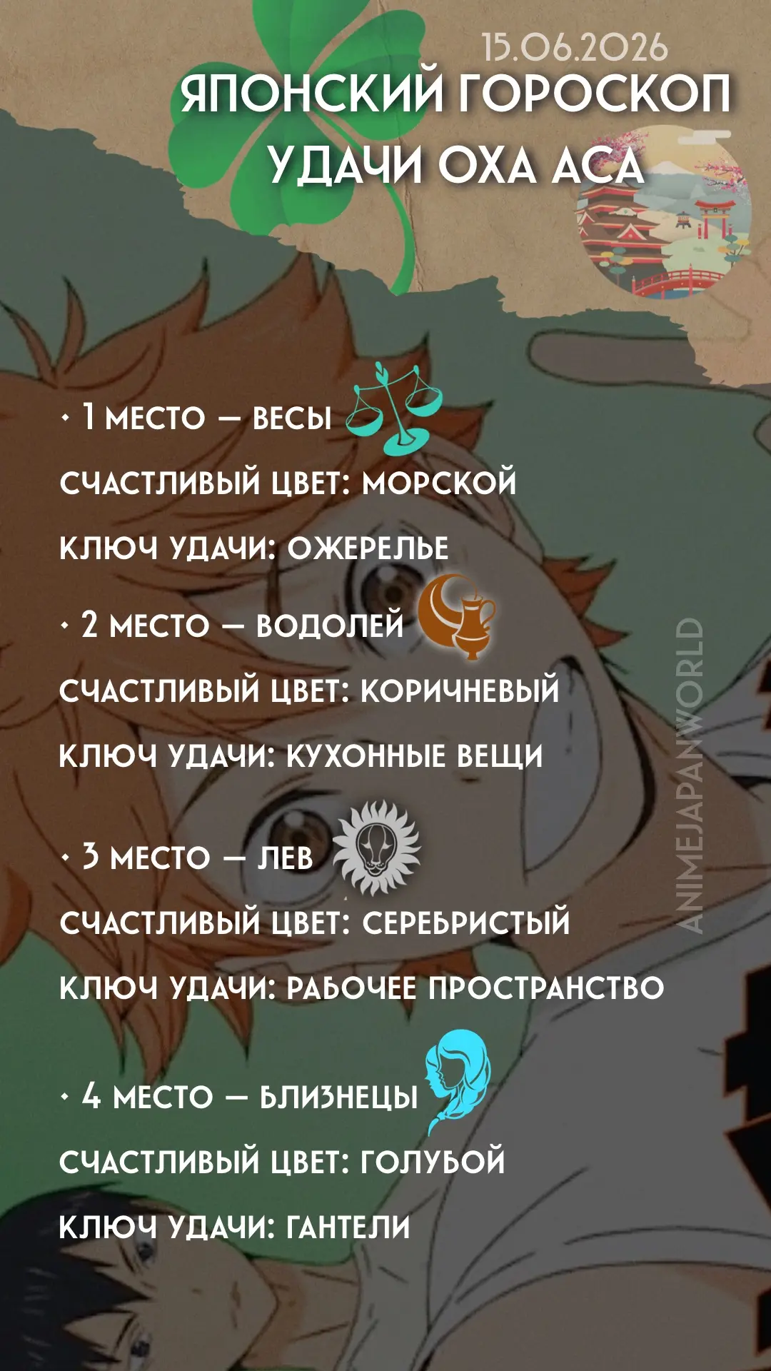 • Японский гороскоп удачи  на сегодня (15.06.2026) 🗾 Всем хорошего дня!
С Днём силы улыбки!😊
Улыба