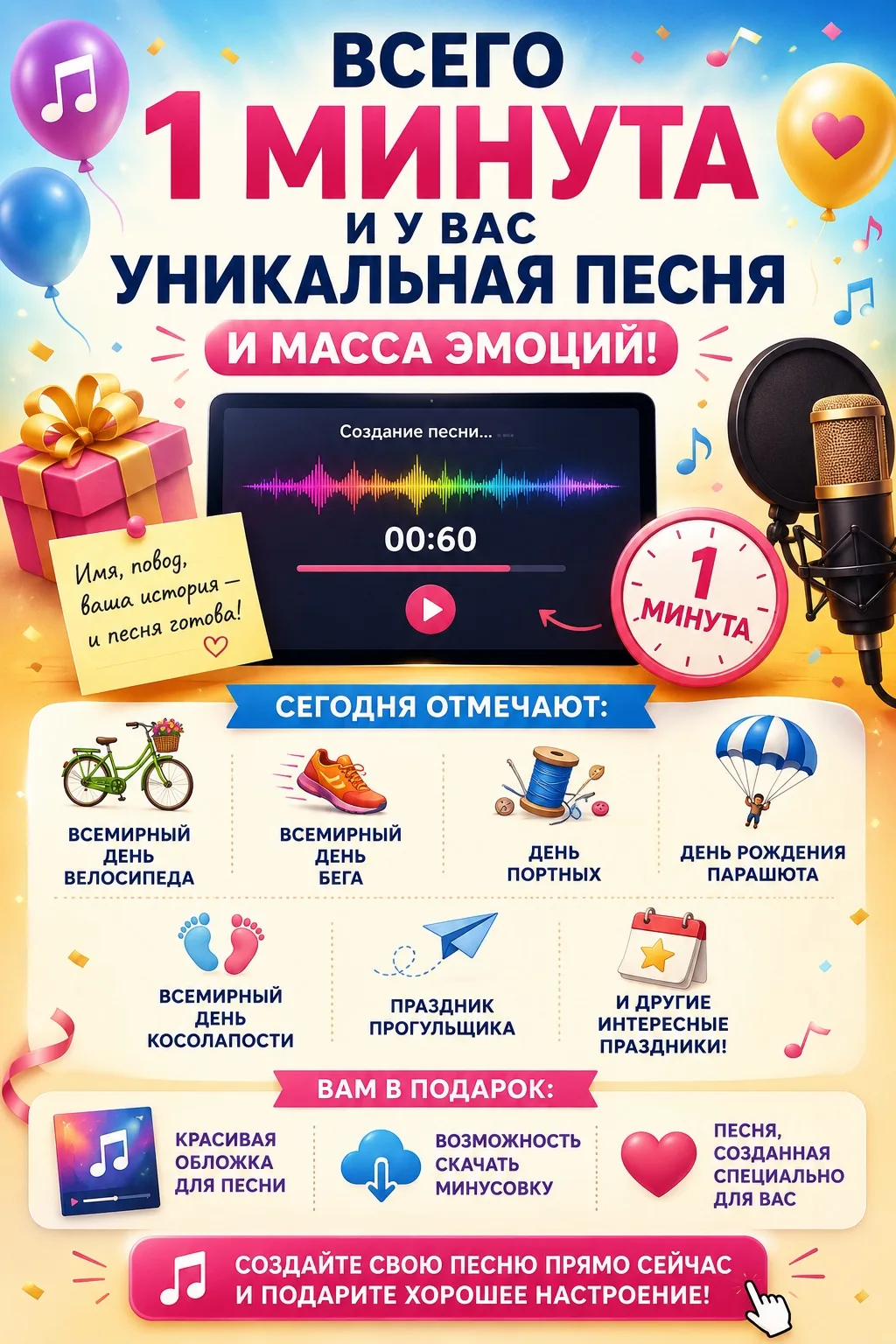 ✨ Уникальная песня и море эмоций всего за 1 минуту 👉 СОЗДАТЬ ПЕСНЮ

🎉 Сегодня отмечают Всемирный д