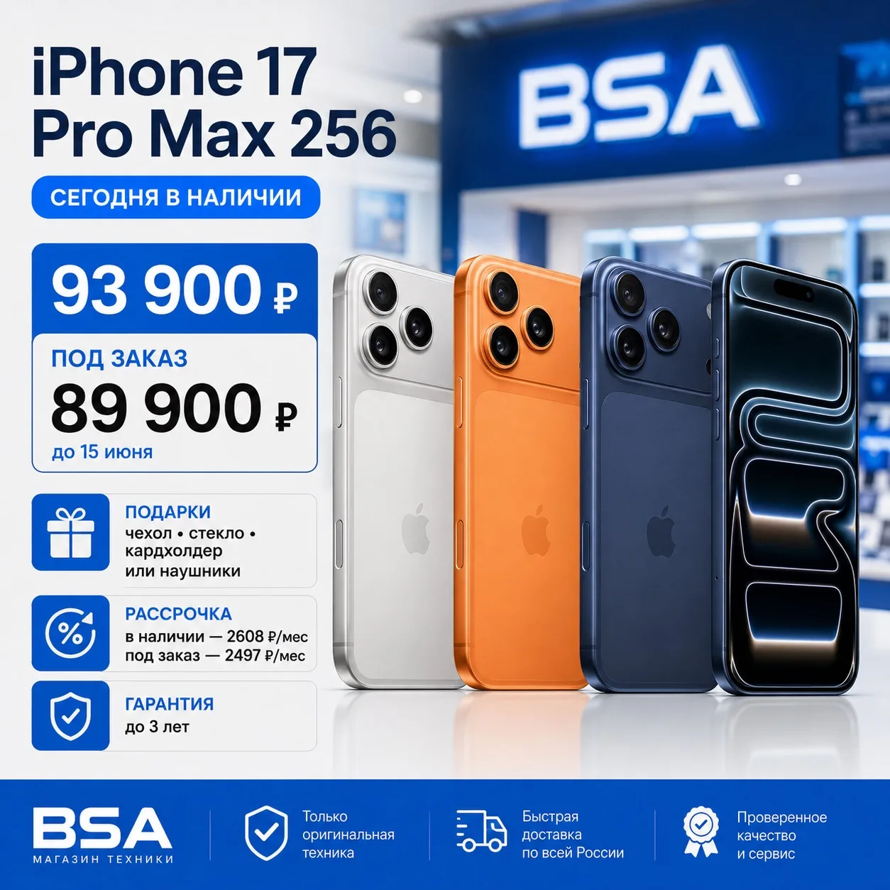 iPhone 17 Pro Max 256 ГБ уже в наличии в BSA 🔥
Доступные цвета: Orange, Blue, Silver — все варианты