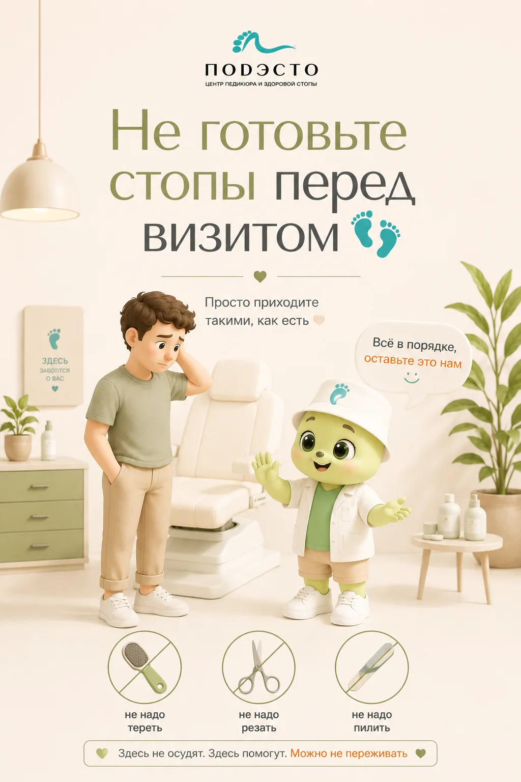 Перед визитом не нужно готовить стопы самостоятельно 👣

Иногда перед приёмом хочется привести стопы