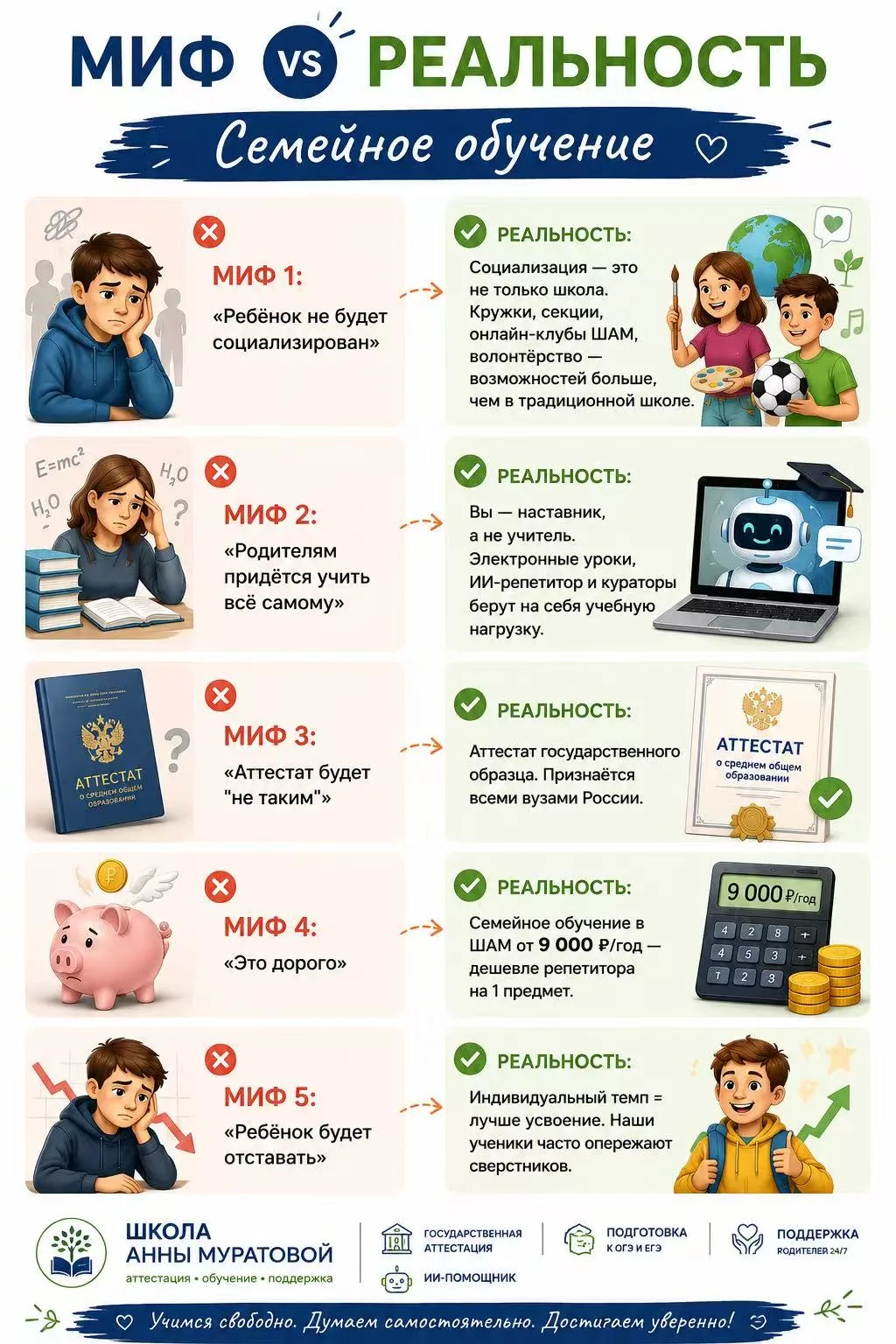 🧠 5 мифов о семейном обучении:

❌ «Не будет социализации» → ✅ Кружки, клубы, онлайн-сообщества  
❌ 