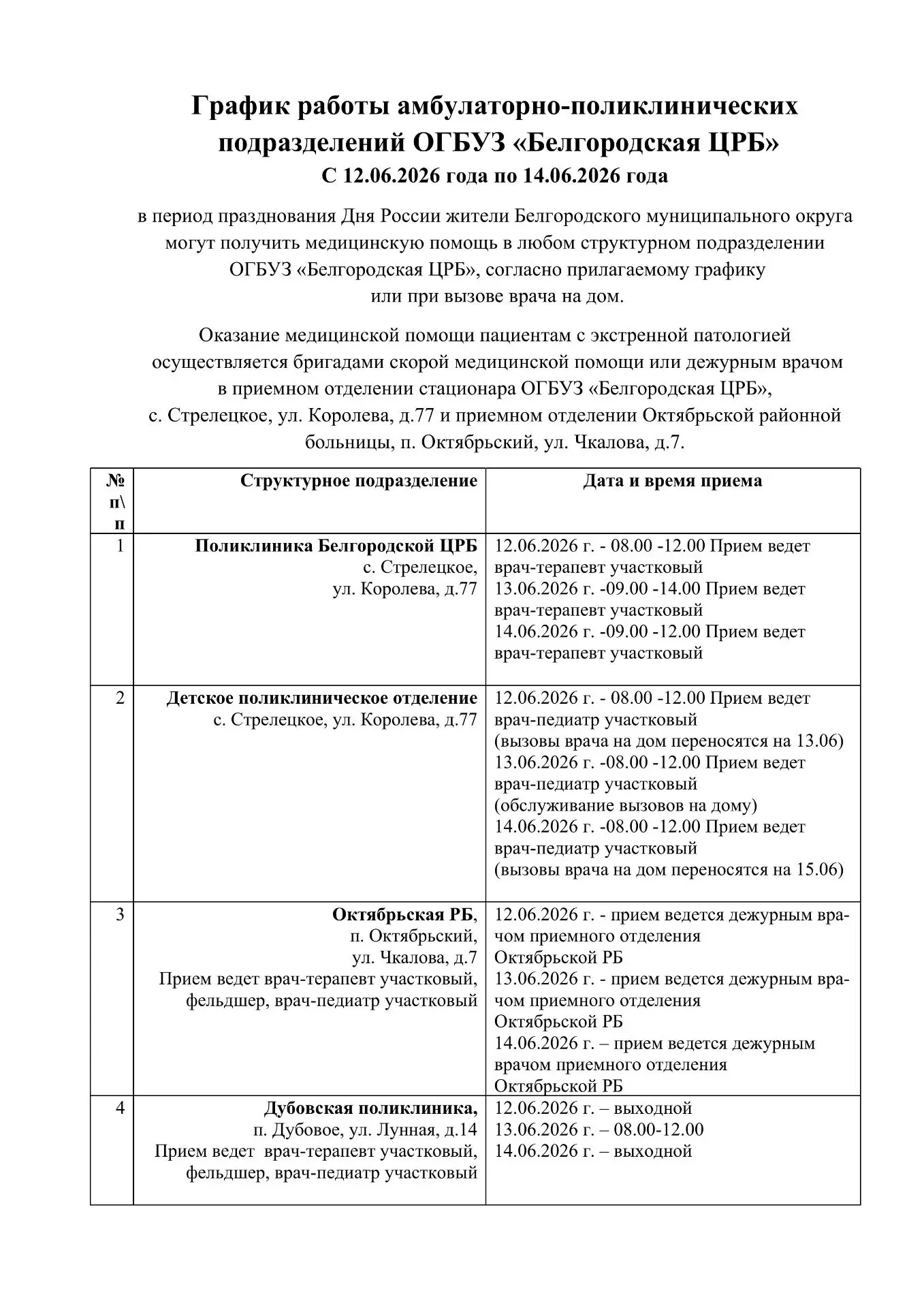 График работы амбулаторно-поликлинических отделений ОГБУЗ "Белгородская ЦРБ" с 12.06.2026 года по 14