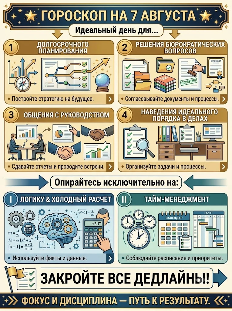 🌟 ГОРОСКОП НА 7 АВГУСТА 🌟

Идеальный день для долгосрочного планирования, решения бюрократических 