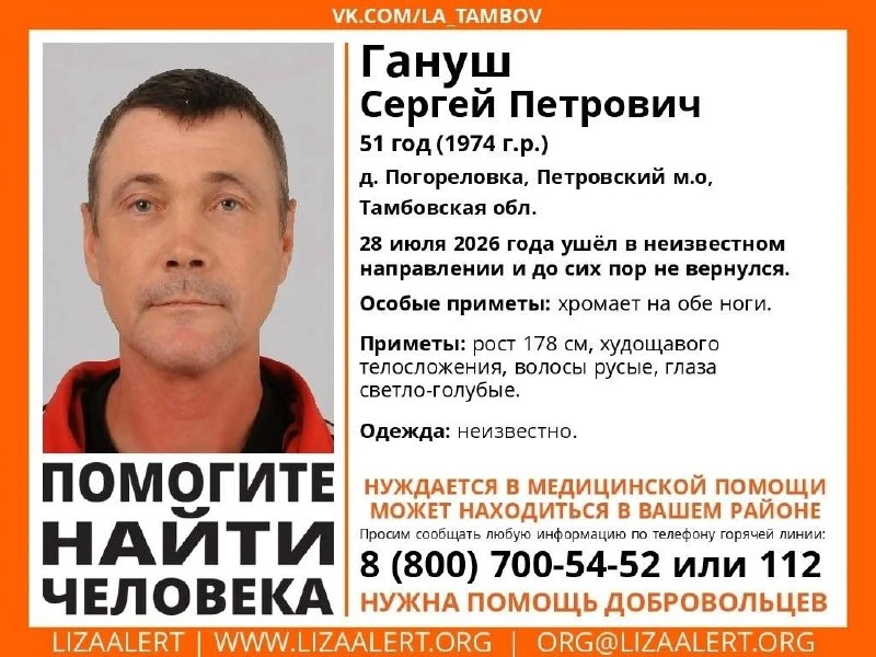 Внимание! Помогите найти человека!

Пропал #Гануш Сергей Петрович, 52 года,
д. #Погореловка, #Петров