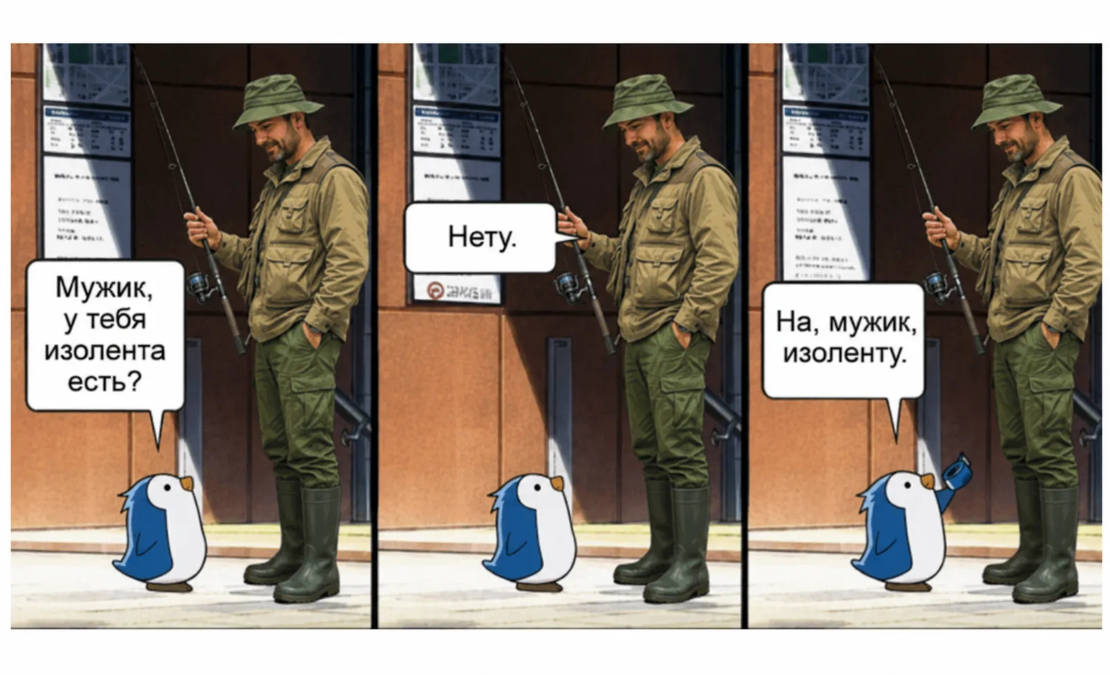 — Мужик, у тебя изолента есть?
— Нету.
— На, мужик, изоленту!
Герои этой популярной в интернете 2010