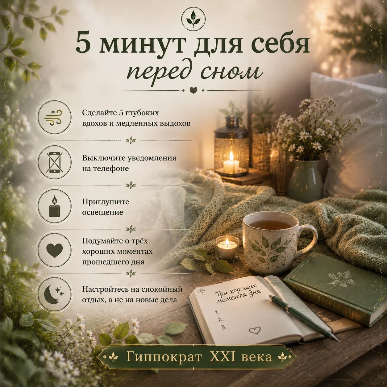 🌿 5 минут для себя перед сном

Иногда лучший способ завершить день — ненадолго остановиться и перек