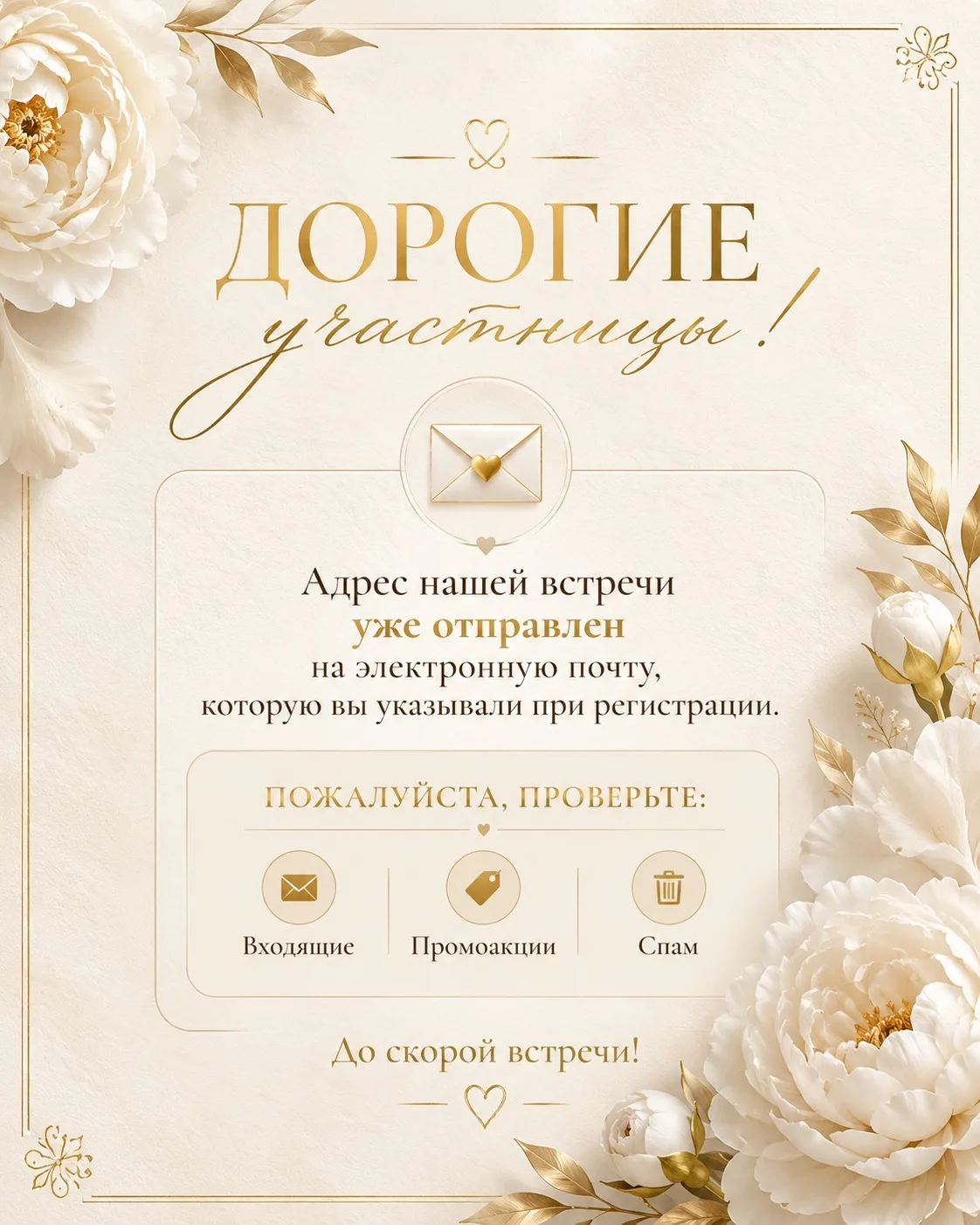 ЖДЁМ ВАС НА ВСТРЕЧЕ ✨

Вся информация о месте проведения уже отправлена на вашу электронную почту, у