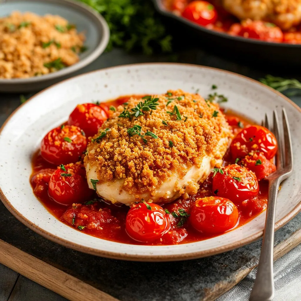 Курица с томатами и сухарями

🛒 Ингредиенты:

* 🍗 Куриные грудки — 4 шт.
* 🍞 Хлеб — 4 куска;
* 🌿