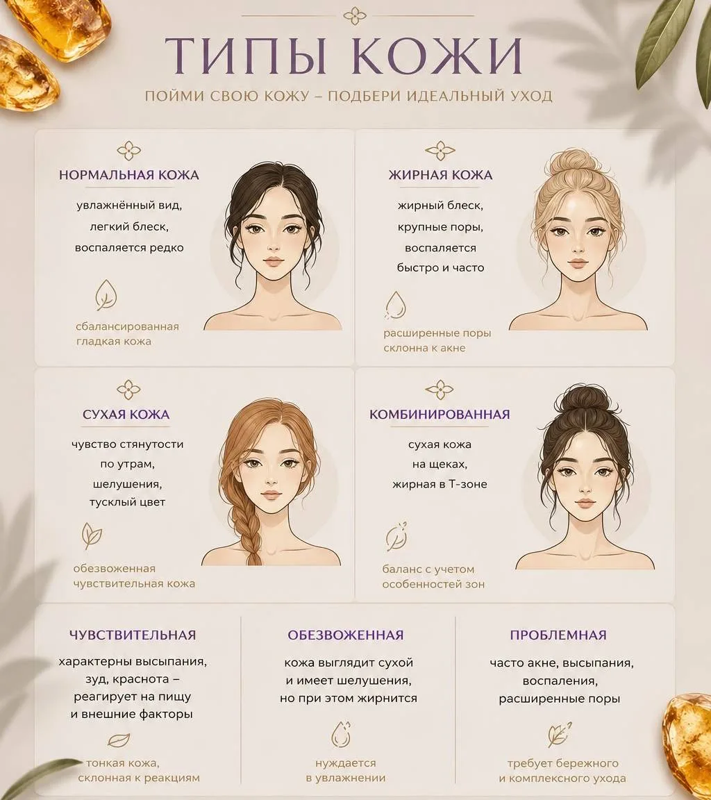 🌿 Типы и состояния кожи: как понять свою?

✨ Нормальная — кожа комфортная, гладкая, без выраженной 