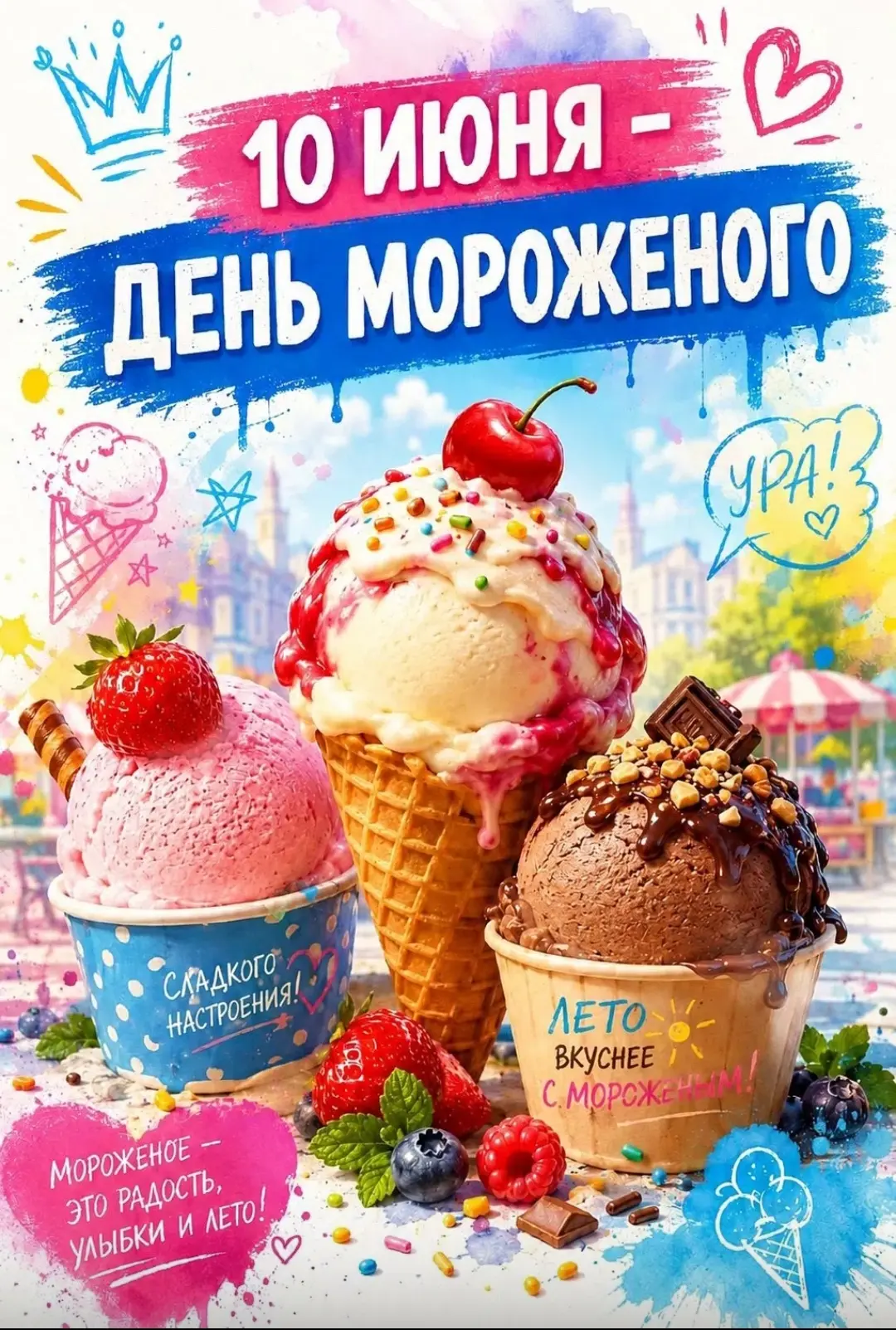 Всемирный день мороженого отмечается ежегодно 10 июня. Этот праздник не имеет официального статуса, 