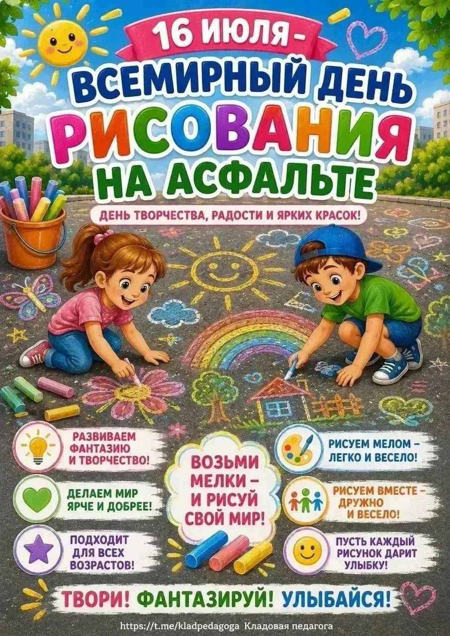 16 июля — Всемирный день рисования на асфальте! 🎨
Серый асфальт? Не знаем такого! Сегодня наши дети