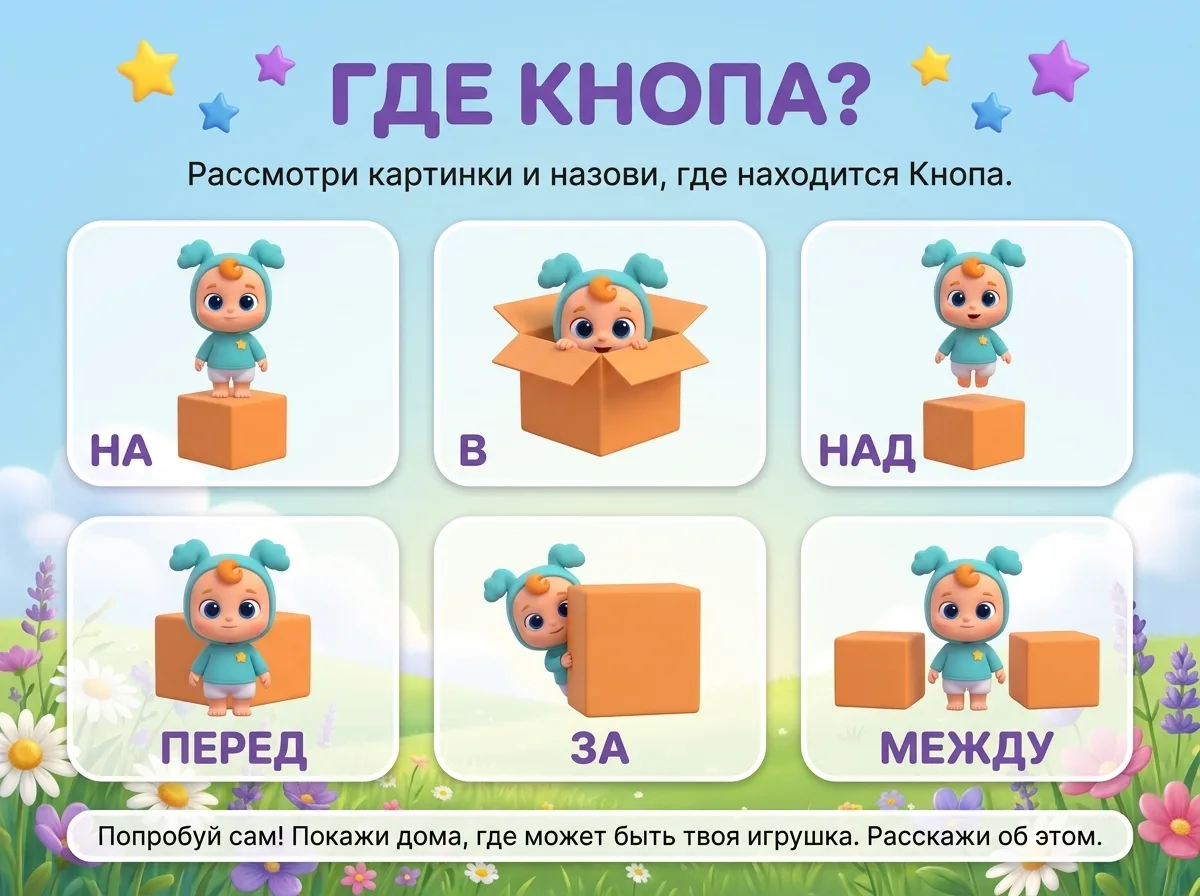 🌟 Тренируем пространственное мышление и предлоги места: в, на, за, над, под!

Кому подходит: детям 