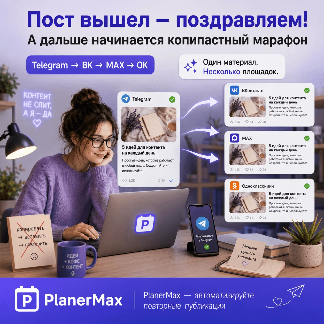 Пост вышел — поздравляем! А дальше начинается копипастный марафон 🙃
Сначала опубликовали материал в