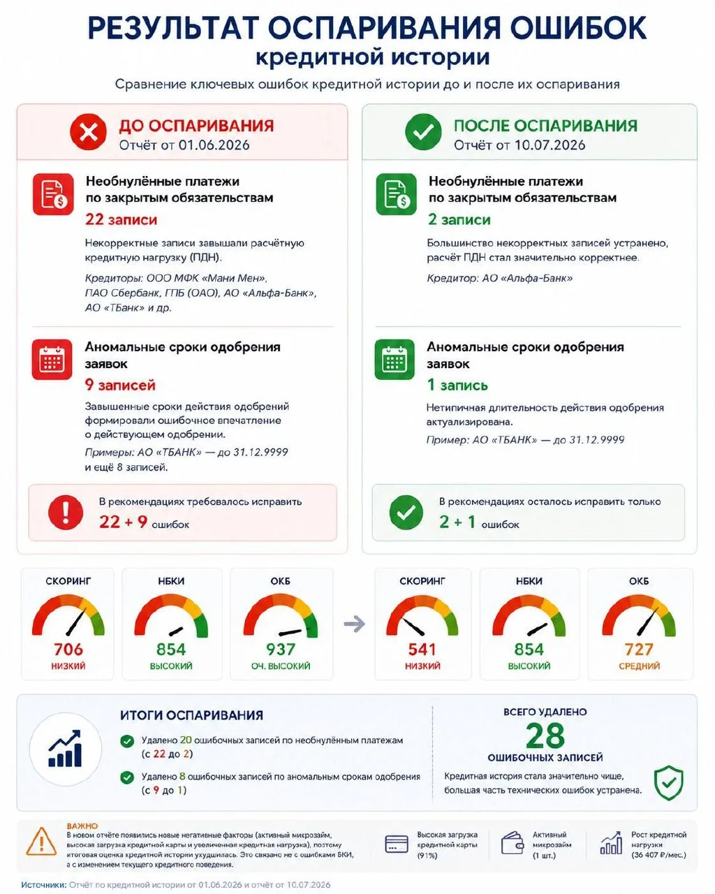 В кредитной истории на 01.06.2026 была 31 ошибка (не включая ошибки в титульной части) осталось на 1