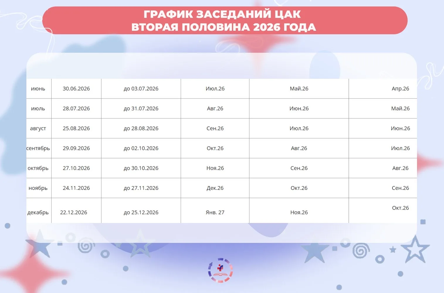 💫График заседаний ЦАК на вторую половину 2026 года

Друзья, выкладываем график заседаний ЦАК с июня