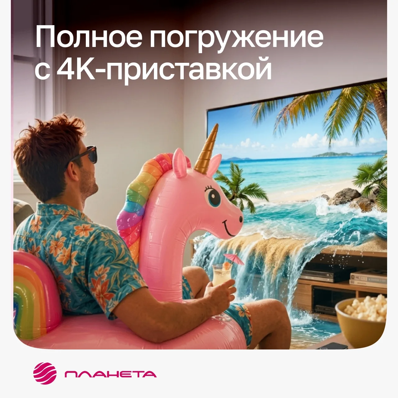 Очки – есть, «солнце» светит, а для полного погружения достаточно просто включить телевизор 😎

С 4K