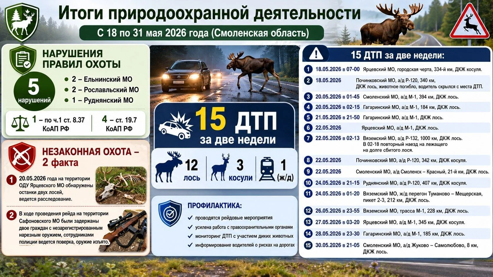 Оперативная обстановка в сфере охотничьего надзора и охраны животного мира за период с 18 по 31 мая.