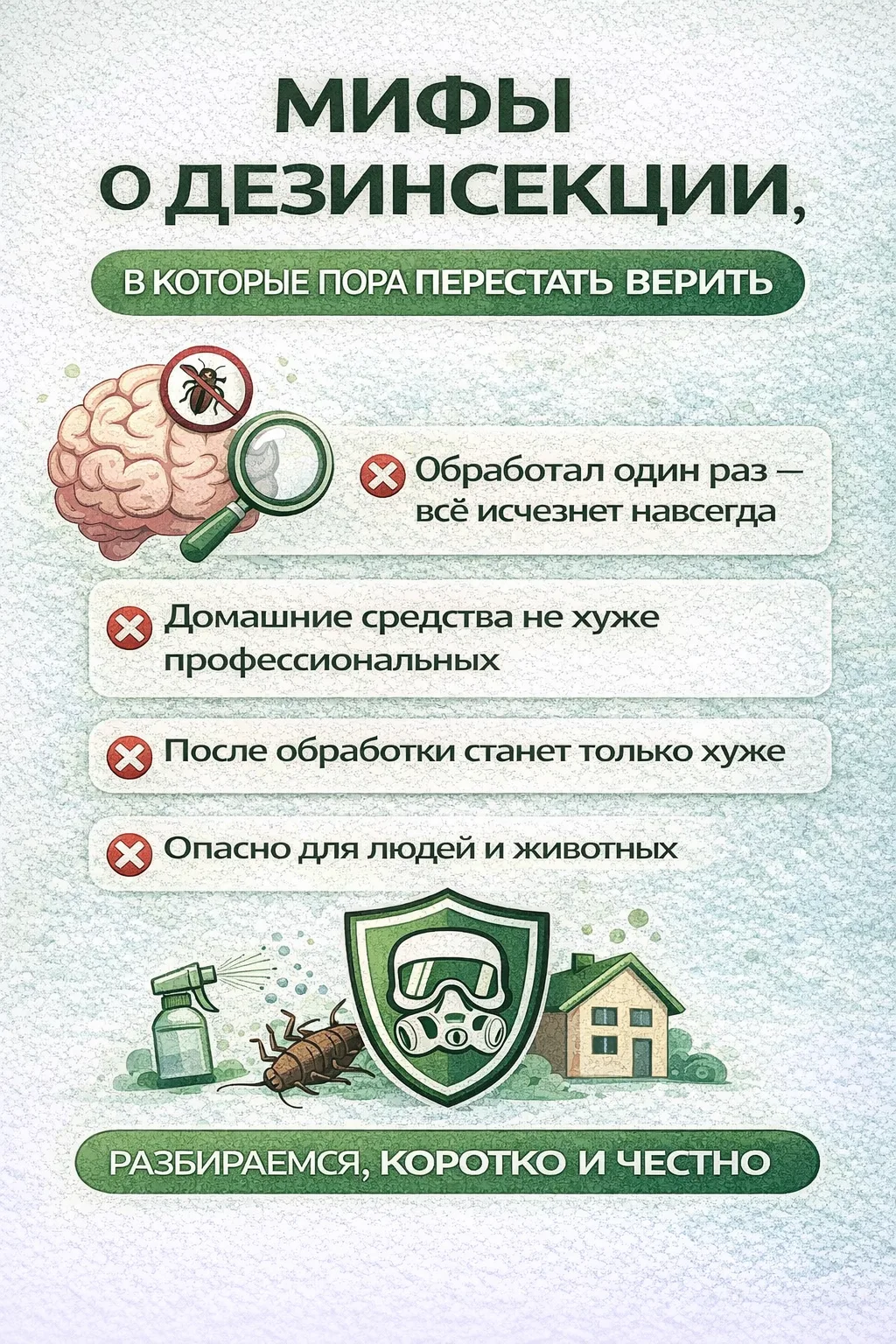 🧠 МИФЫ О ДЕЗИНСЕКЦИИ, В КОТОРЫЕ ПОРА ПЕРЕСТАТЬ ВЕРИТЬ
Вокруг дезинсекции много мифов, из-за которых