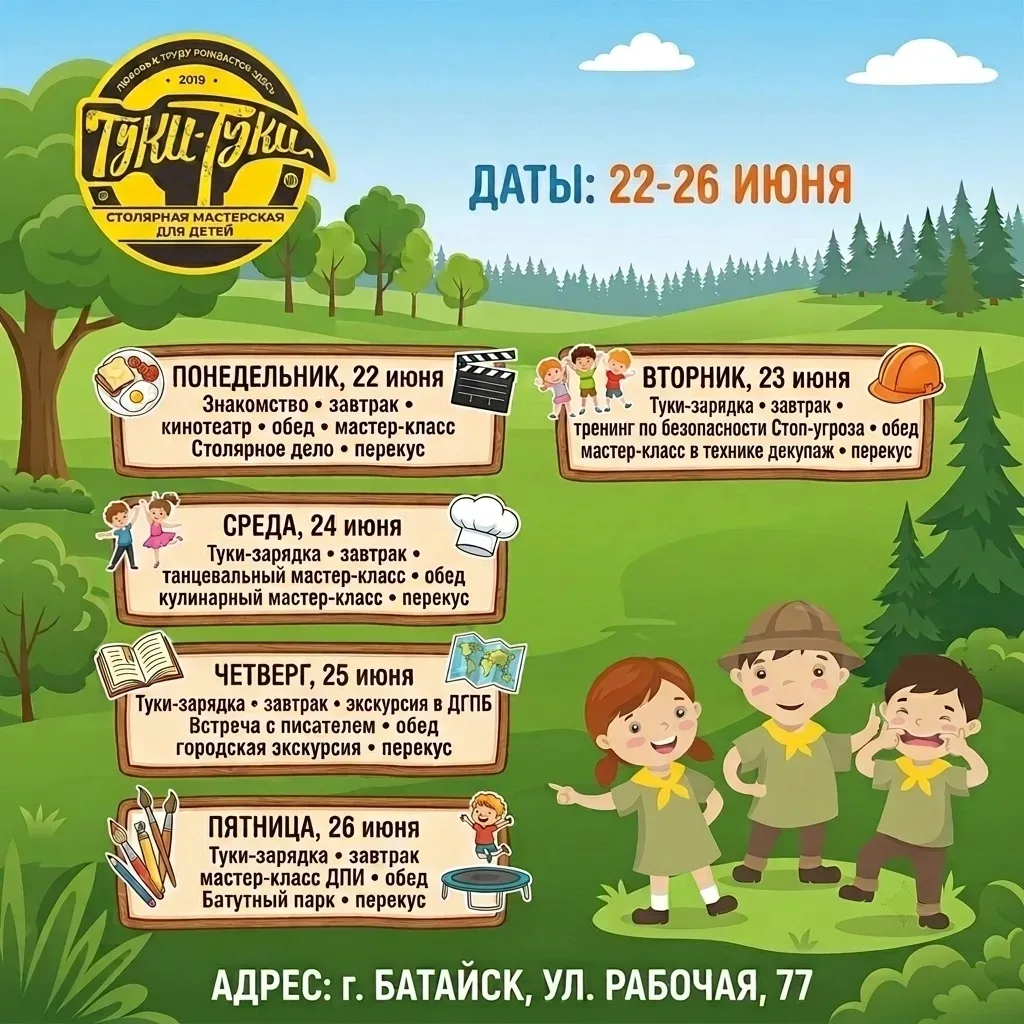 Смена #2  распорядок дня. 
Батайск с 8:30 до 16:00. 
Есть места!
Прогулки, настолки и мастер-классы 